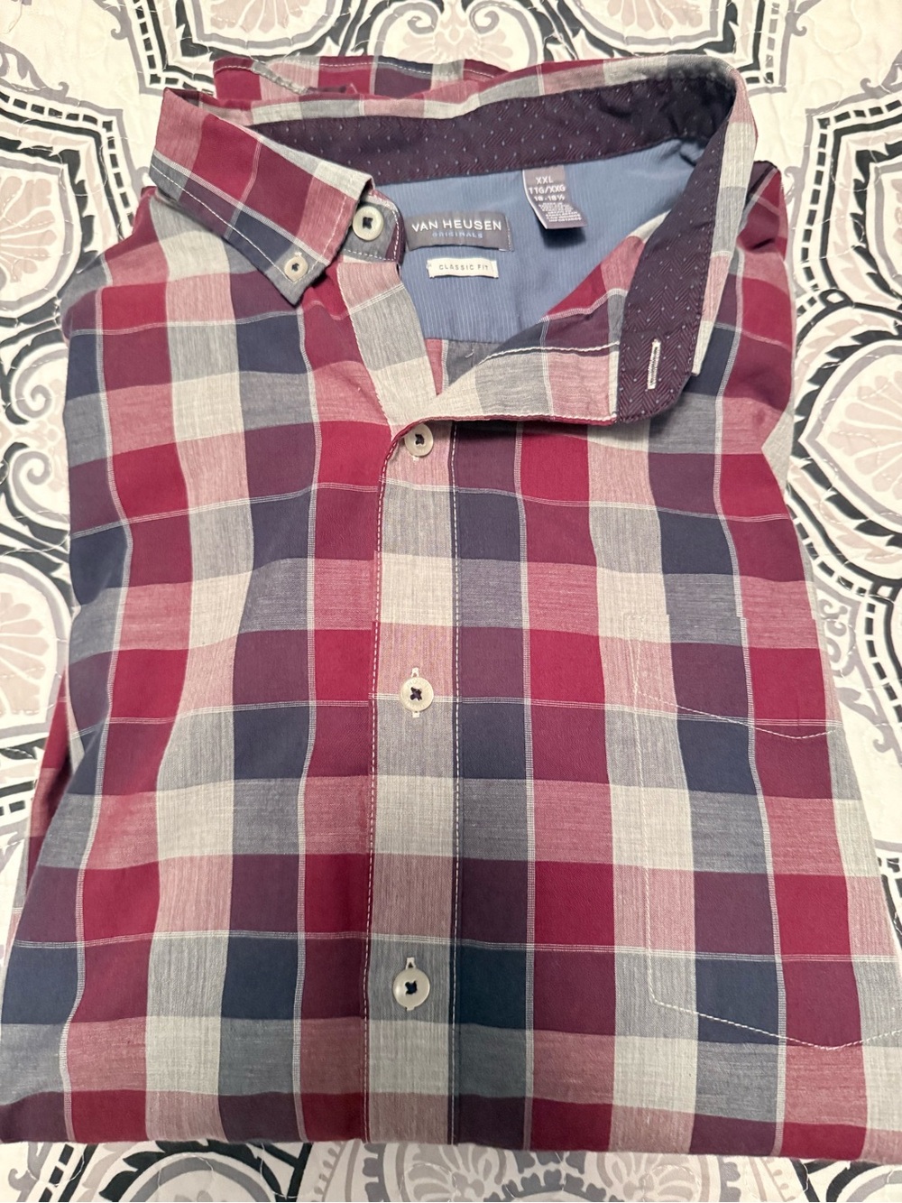Van Heusen Men's Burgundy, Navy & White Plaid Button-Down Shirt